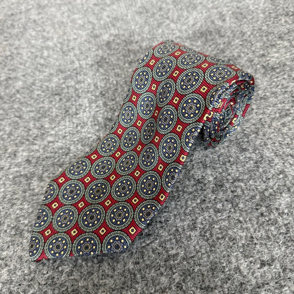 Polo Ralph Lauren Silk Tie Mens Red Blue Geometric Medallion Hand Made USA